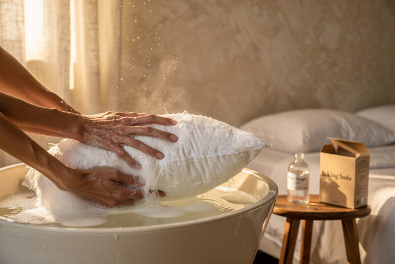 Oreiller en plumes jauni : comment le laver à la main ?